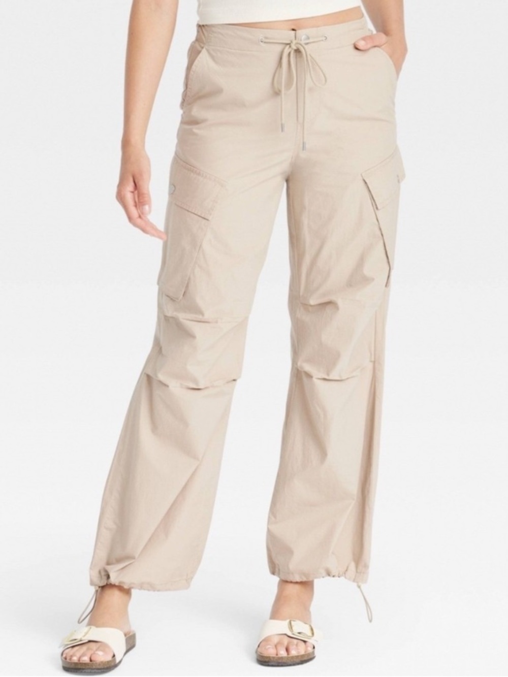 Universal Thread Tan Wide Leg Cargo Drawstring Jogger Pants Size L NWT